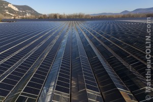 France, Ardèche (07), Curas, centrale solaire photovoltaïque Cap Vert Energie sur des serres agricoles (vue aérienne)