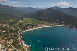 France. Corse du Sud (2A), golfe de Sagone, anse et plage de Sagone  (vue aérienne)