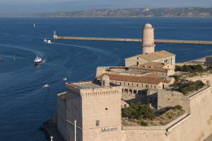 France, Bouches-du-Rhône (13), Marseille,  le Vieux Port, le Fort saint Jean, Mucem (vue aérienne)