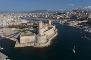 France, Bouches-du-Rhône (13), Marseille,  Vieux Port, fort Saint Jean, Mucem (vue aérienne)