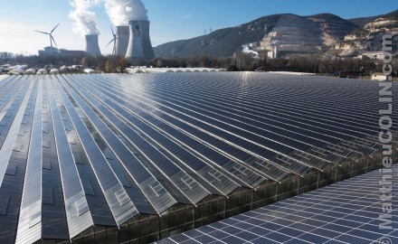 France, Ardèche (07), Curas, centrale solaire photovoltaïque Cap Vert Energie sur des serres agricoles au pied de la centrale nucléaire de Cruas-Meysse et ses deux éoliennes (vue aérienne)