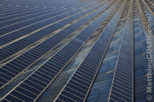 France, Ardèche (07), Curas, centrale solaire photovoltaïque Cap Vert Energie sur des serres agricoles (vue aérienne)