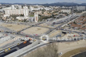 France, Bouches-du-Rhône (13), Marseille, échangeur Florian, chantier de la rocade L2, Spie Batignolles (vue aérienne)