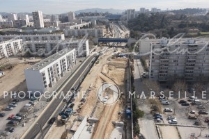 France, Bouches-du-Rhône (13), Marseille, Sainte Marthe, chantier de la rocade L2, Spie Batignolles (vue aérienne)