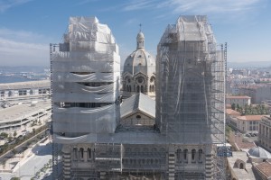 France, Bouches-du-Rhône (13),  Marseille, cathédrale de la Major en rénovation, échaffaudage Altrad Plettac Mefran (vue aérienne)