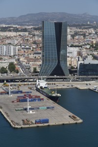 France, Bouches-du-Rhone (13), Marseille, 2 eme arrondissement, Grand Port Maritime de Marseille ou GPMM, quartier euromediterranee, tour CMA-CGM de l architecte Zaha Hadid (vue aerienne)