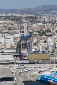 France, Bouches-du-Rhone (13), Marseille, 2 eme arrondissement, Grand Port Maritime de Marseille ou GPMM, quartier euromediterranee,  tour la Marseillaise de l'architecte Jean Nouvel (vue aerienne)