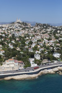 France, Bouches-du-Rhone (13),  Marseille,  8 ème arrondissement, quartier du Roucas Blanc, la corniche du président Kennedy, Notre Dame de la Garde ou Bonne mère (vue aérienne)