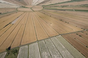 France, Hérault (34), Montady, ancien étang asséché au moyen-âge en forme de soleil ou d'étoile (vue aérienne)