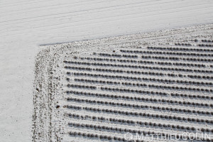 France, Alpes-de-Haute-Provence (04), Sainte Croix du Verdon,  parc naturel régional du Verdon, plateau de Valensole au bord du lac de Sainte-Croix, champs de lavande sous la neige (vue aérienne)