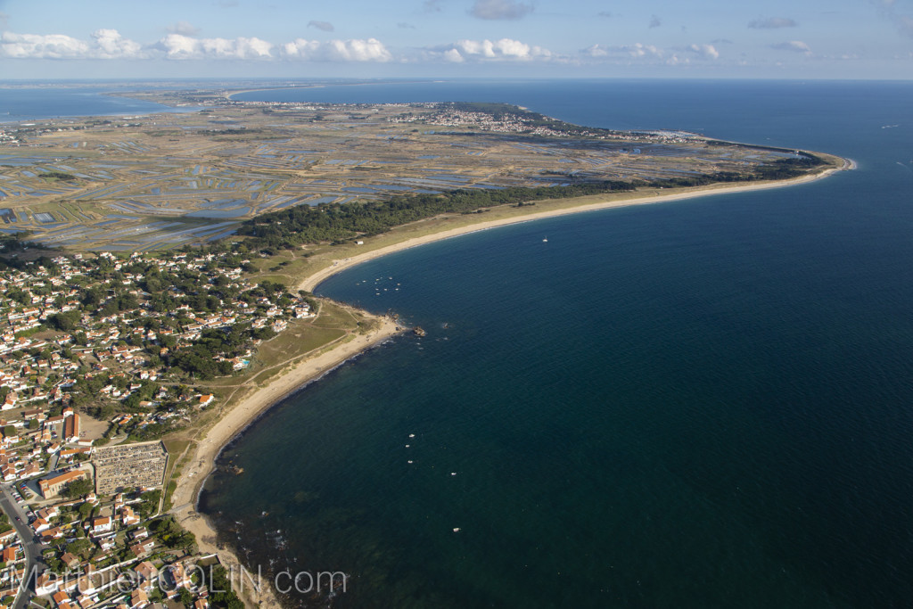 France, Vendée (85), Ile de Noirmoutier, L'herbaudiere, plage des Lutins et de Luzeronde (vue aérienne)
