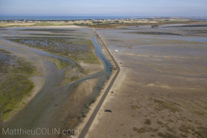 France, Vendée (85), Ile de Noirmoutier, Barbatre, passage du Gois ou Goa, chaussre submersible entre el ile et le continent a maree basse  (vue aérienne)