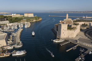 France, Bouches-du-Rhône (13), Marseille,  Vieux Port, palais du Pharo et fort Saint Jean, Mucem (vue aérienne)